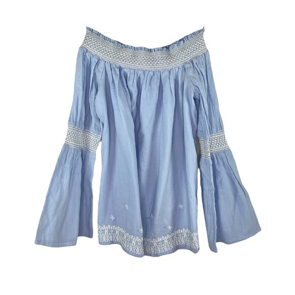Miss Selfridge Blue Boho Embroidered Off-The-Shoulder Top 2 Bell Sleeves NWT - Picture 2 of 9